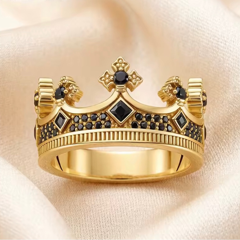 Royal Gold Crown Ring with Black Stones